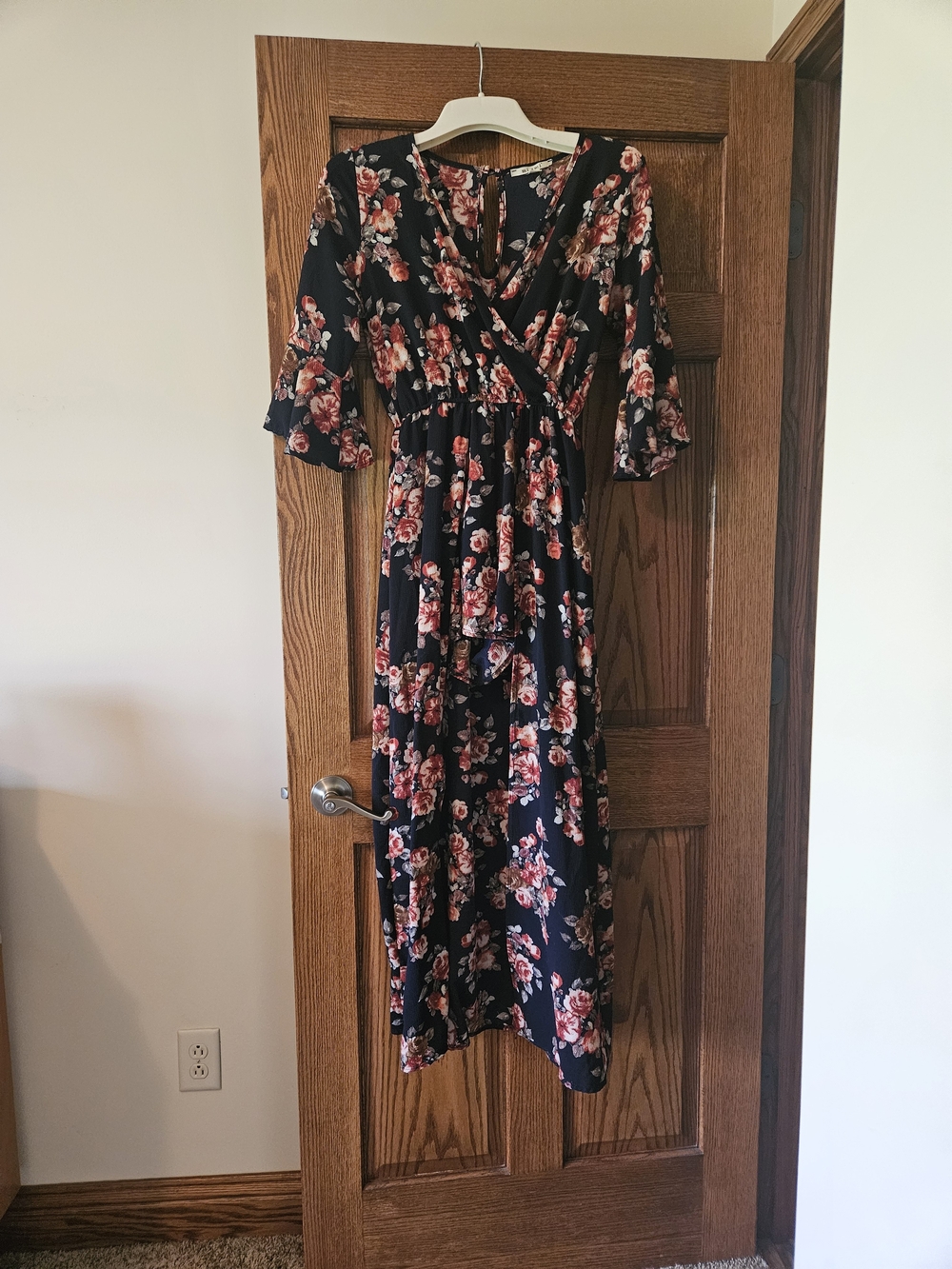 Navy Floral Wrap Midi Dress - Feminine Floral Print